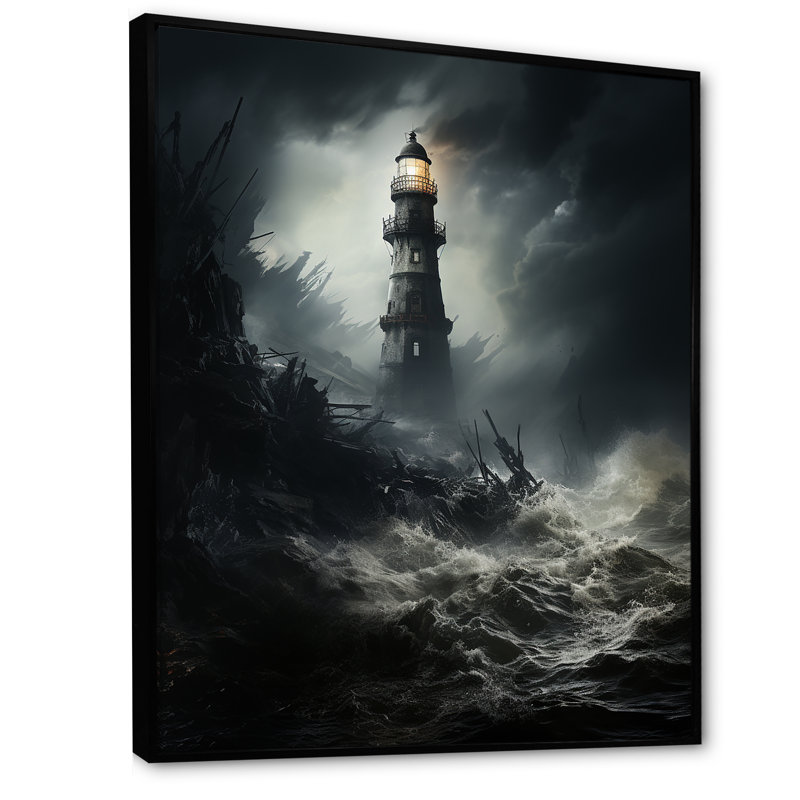 Phare battant contre les vagues orageuses - Art mural encadré, H 44 po x l 34 po x P 1,5 po, Cadre flottant noir
