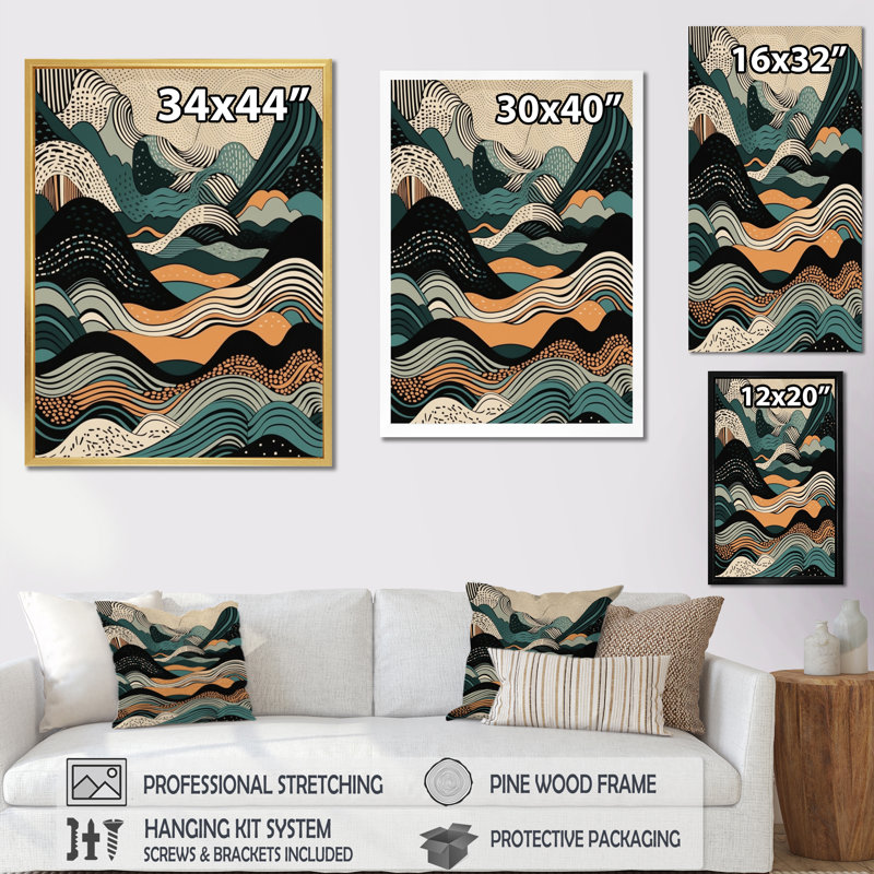«Teal Black Line Art Elegance II», reproduction sur toile, H 32 po x l 16 po x P 1 po, Cadre flottant noir