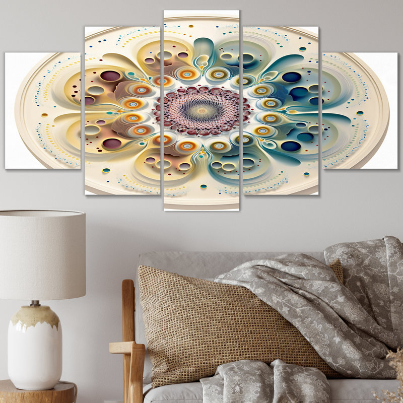 Mandala VII de Cymatics aux couleurs douces - art mural géométrique moderne - 5 panneaux