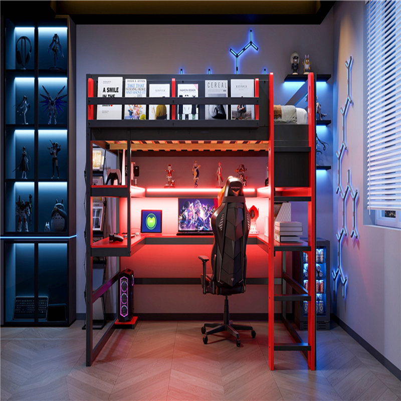 Lit mezzanine en bois avec bureau, support de rangement latéral, tablettes multiples et lumière RVB, Full, Red
