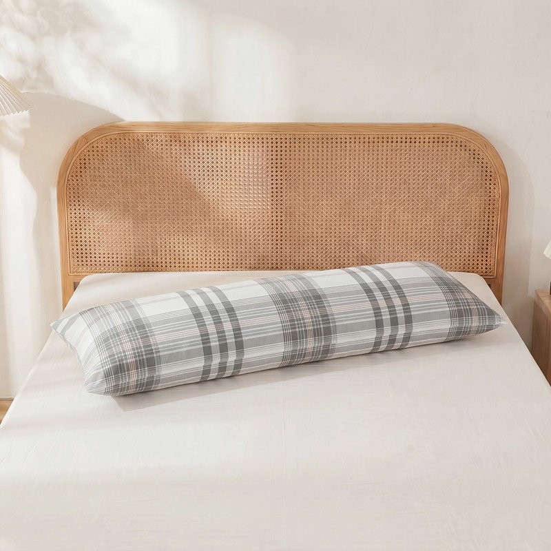 100% Cotton Body Pillow Cover, 20 x 54, Washed Cotton Gray Check Pillowcase, Soft Breathable Pillow Cover for Bed
