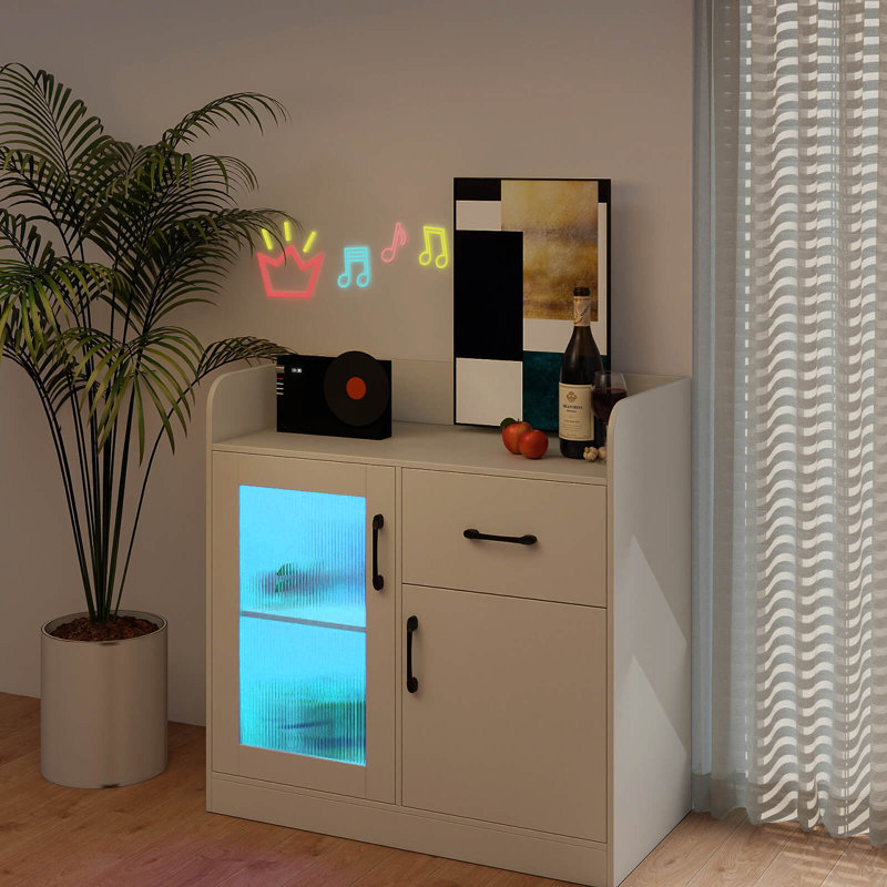 Buffet DEL avec station de charge, porte cannelée translucide, blanc et blanc