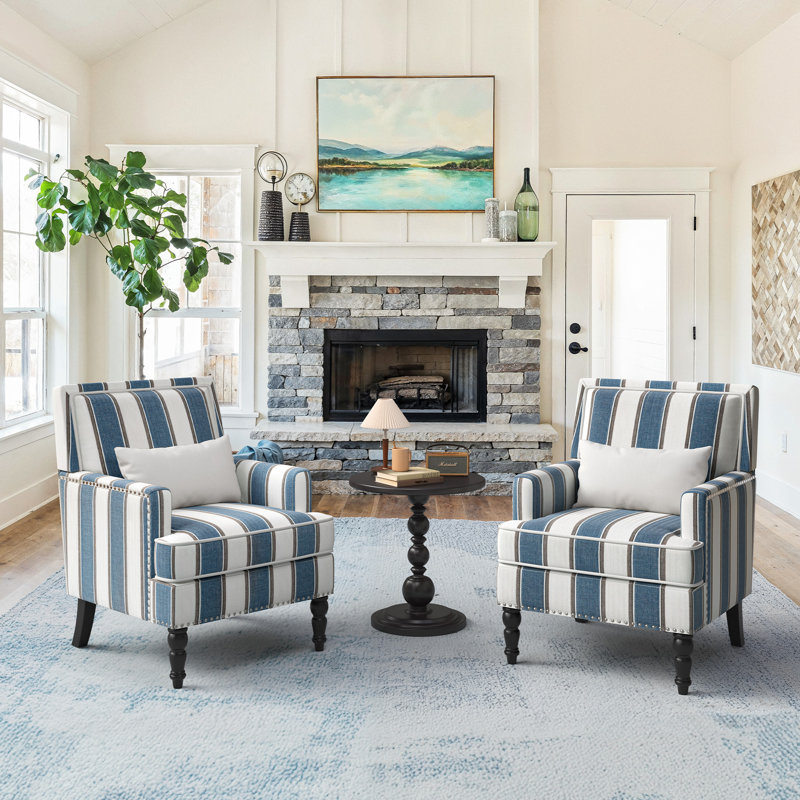 Classic Upholstered Armchair with Nailhead Trim and Solid Wood , Blue/White