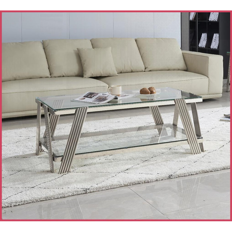 Table basse moderne en acier inoxydable de 47 po de largeur avec verre trempé double couche - facile à nettoyer et amp; Gain de place pour le salon