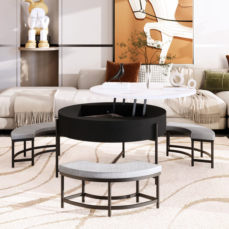 Table basse ronde moderne avec plateau relevable, espace de rangement et 3 repose-pieds, couleurs blanc et noir, plateau de 31,5 po de largeur, confortable, base, pour la lecture