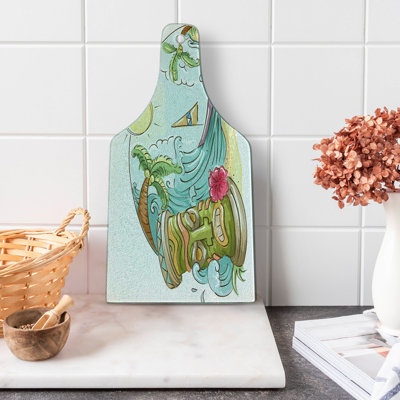 Ambesonne Tiki Bar Tempered Glass Cutting Board Cartoon Beach Multicolor