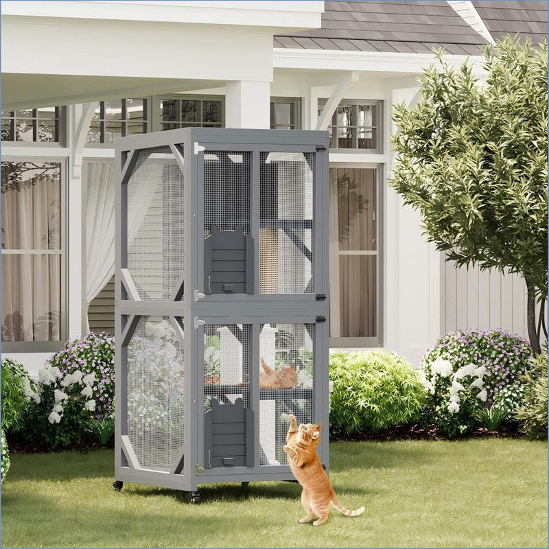 68'' Window Catio Outdoor Cat Enclosure On Wheels, Large Cats Kitty House with Waterproof Roof, Cat Playpen Outside Cattery with Platforms, Resting Box and Scratching Post