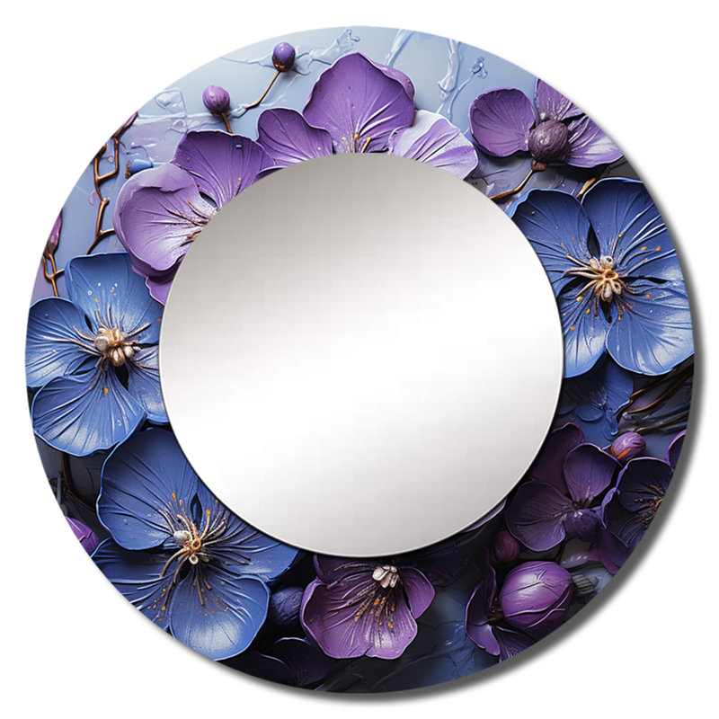 Saranda Royal Elegance - Violets Unique Mirror, Traditional Large Round Wall Mirror, Printed Metal Art, 36" x 36"