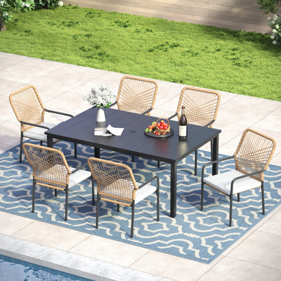 6-Person Rectangular Patio Dining Set With Cushioned Stackable Rattan Chairs