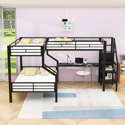 Lit superposé en L en métal avec garde-robe intégré et bureau USB