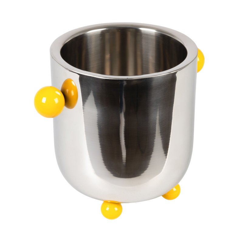 Stainless Steel Ice Bucket With Citron Color Enameled Ball Handles And Feet