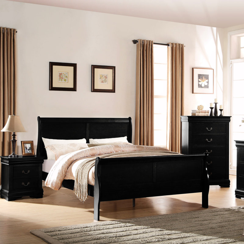 Lit simple noir avec matériau en bois et sommier tapissier de 29 pouces de hauteur, Noir