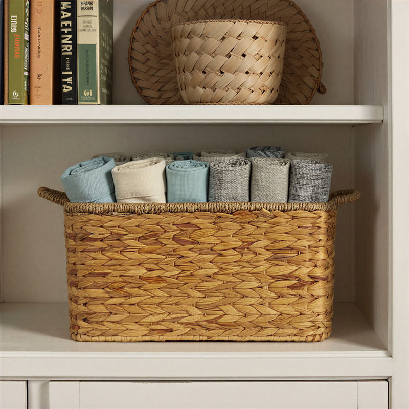 Clarabel Rectangular Handwoven Water Hyacinth and Seagrass Basket with Handles, Natural