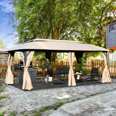 10X20ft Gazebo Tent - Frame, Waterproof, , Privacy Curtains, Brown 10X20ft. Outdoor Party Canopy. Double Roofs. Heavy Duty Metal Frame. . Spacious For 13-15. Fashionable