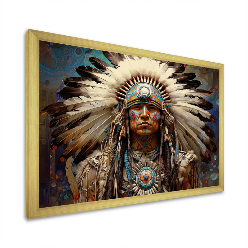 Native Honor Traditional Warrior I - Art amérindien, art mural, H 24 po x l 32 po x P 1 po, Cadre doré simple