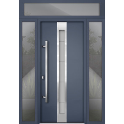 Porte d'entrée extérieure prémontée en acier Deux 1717, finition gris graphite, inserts en acier inoxydable, style moderne, peinte, largeur 64 po x hauteur 96 po, ouverture à droite vers l'intérieur