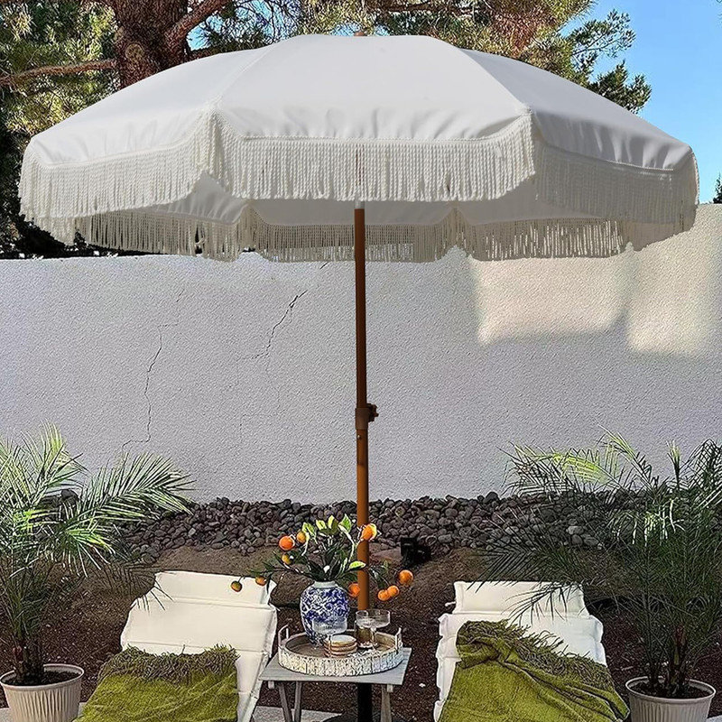 Elegant Cream 7ft Beach Umbrella with Tassel Fringe and Steel Pole