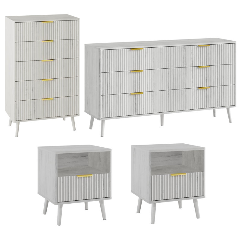 4 Piece Bedroom Set, Dresser And Nightstands Set, White