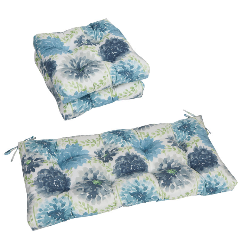 Outdoor Tufted Settee Cushions (Set Of 3), White/Blue/Gardenia Cool Floral