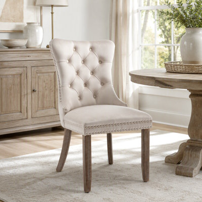 Furniture, chaise de salle à manger rembourrée en velours de bois massif avec pieds en bois et garniture cloutée haut de gamme