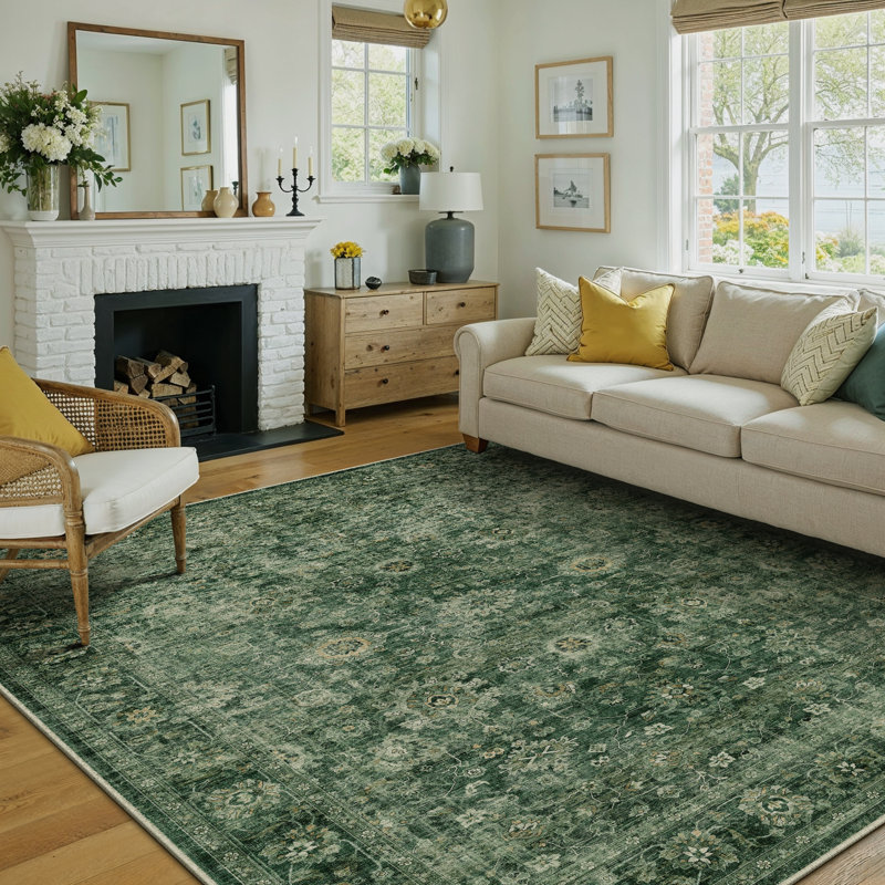 Virelle Vintage Persian Area Rug With Machine Washable & Non-Slip, Rectangle 9' x 12', Green