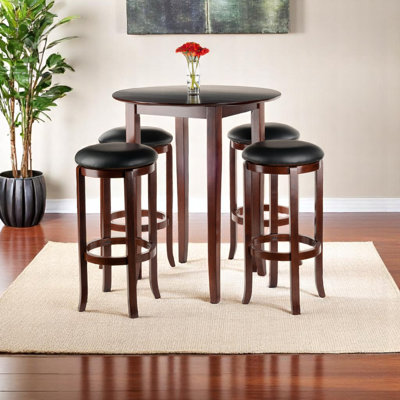 Hubbard High Table Set with Cushion Swivel Seat Bar Stools, Walnut and Black