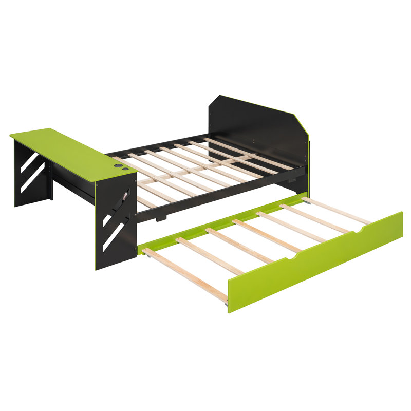 Full Size Wood Daybed with Twin Trundle, Built-In Desk & USB Ports – Green Kids & Teens Bedroom Furniture, Green