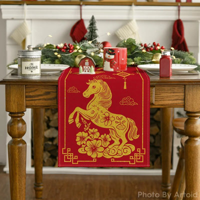 2026 Year Of The Horse Chinese New Year Table Runner – Lunar New Year Spring Festival Dining Table Decoration, 100% Polyester, Washable Kitchen & Party Tablecloth