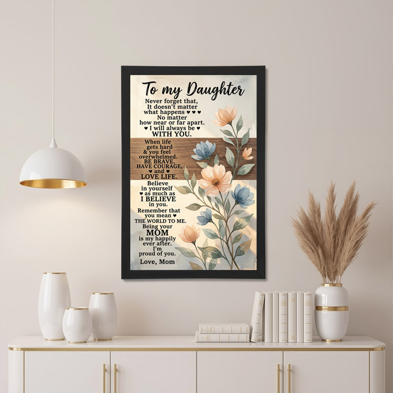 Citation à ma fille avec des fleurs bleues et pêche, tableau sur toile, H 36 po x l 24 po