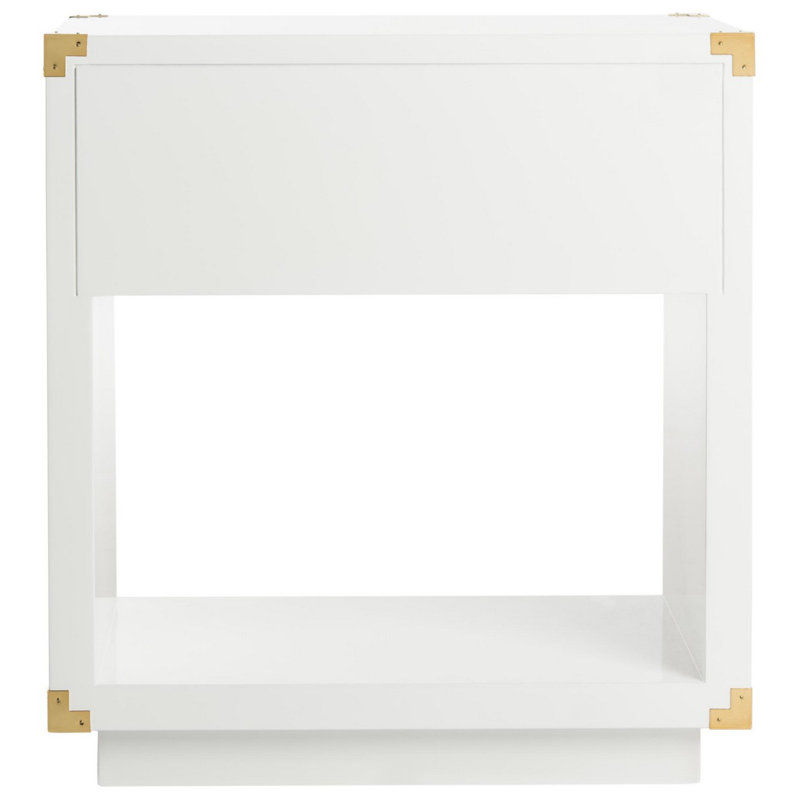 White Lacquer Rectangular Side Table with Brass Accents and Storage