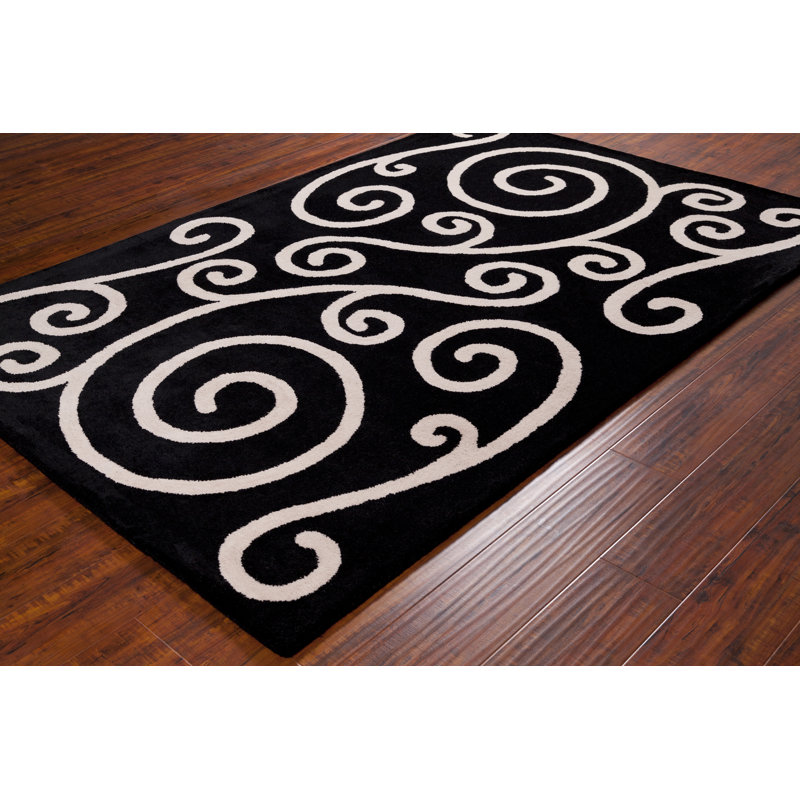 Tapis en laine à formes abstraites touffeté à la main noir et crème Ailey Authentic, 5 pi x 7 pi 6 po