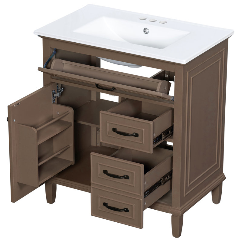 Meuble-lavabo autoportant de 30 po avec comptoir en céramique, Brun