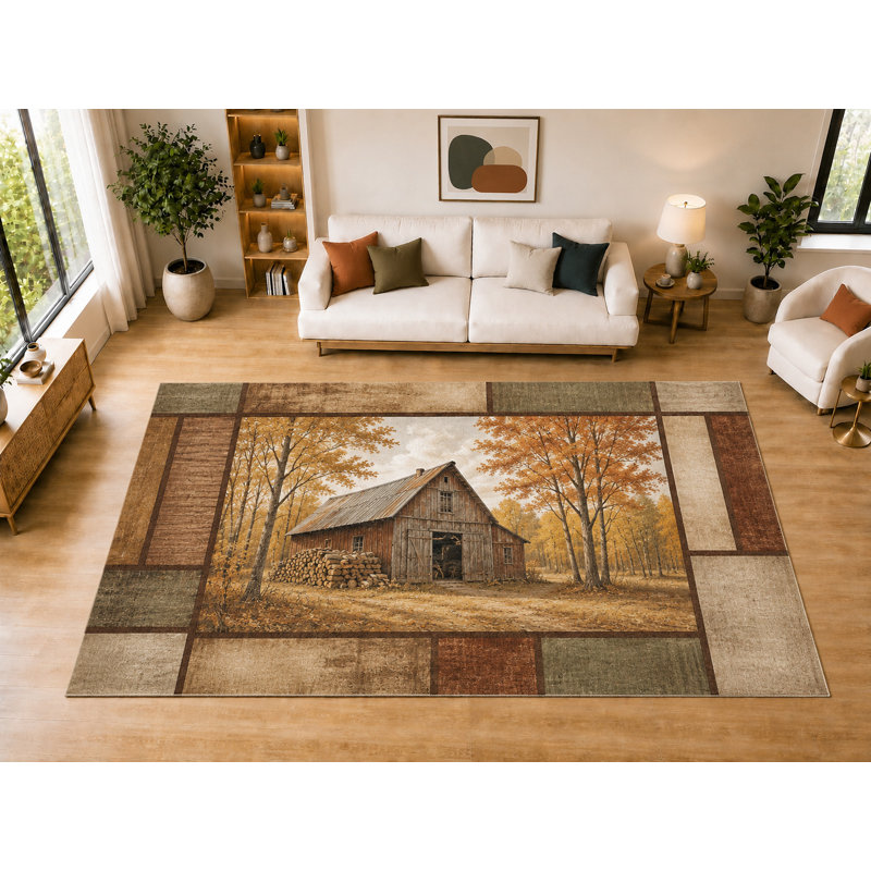 Tapis en patchwork « Grange d'automne » ultra-léger, grand format (200 cm x 300 cm), idéal pour la salle à manger, le salon ou la chambre. Tapis d'intérieur doux à poils courts avec envers antidérapant en silicone, couleur brun rouille.