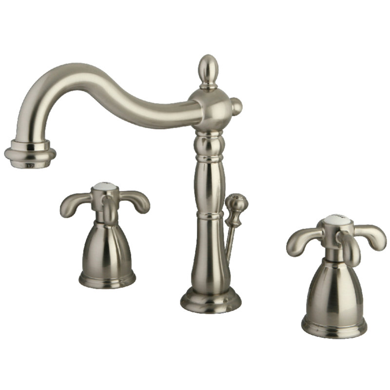 Kingston Brass French Country Two-Handle 3-Hole Deck Mount Widespread Bathroom Faucet with Pop-Up Drain, Brushed Nickel