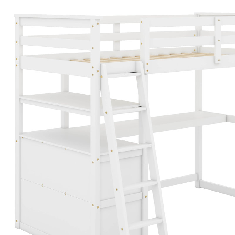 Twin Size Loft Bed With Desk And Shelves, White