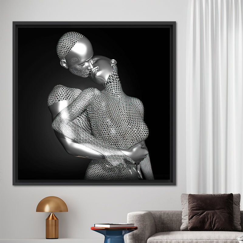 3D Canvas with Kissing Couple Design - Abstract Modern Romantic Bedroom Wall Art, Framed Print without Mat, Black