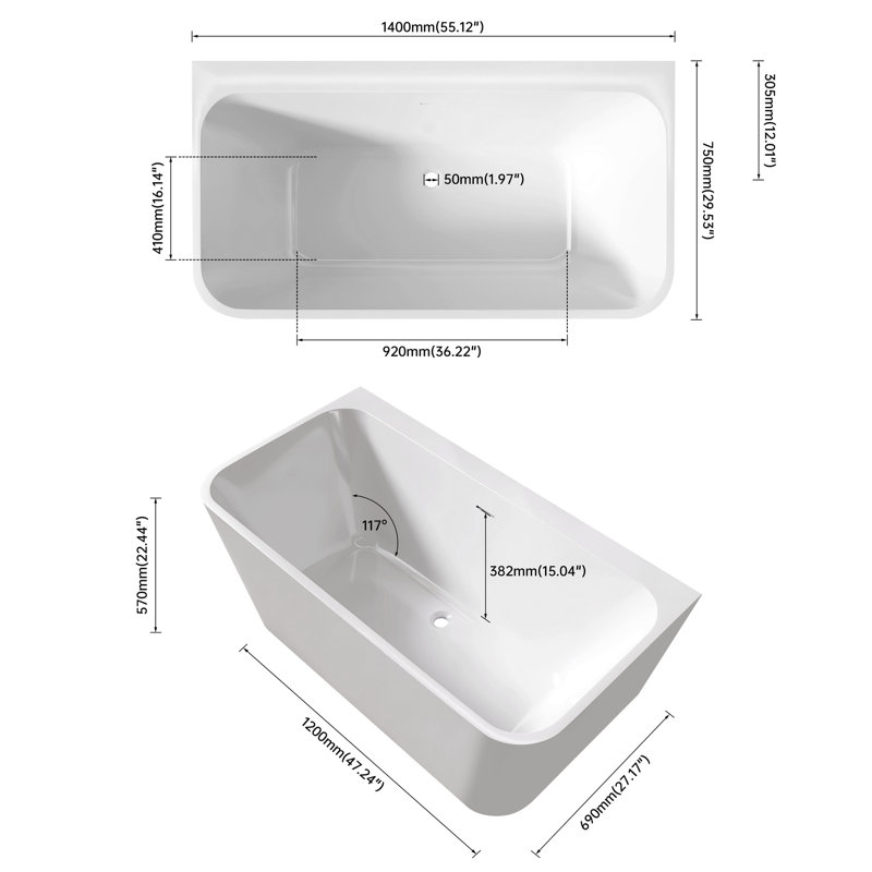 55" Rectangular Gloss White Acrylic Soaker Tub, With Materials, Fiberglass Reinforced Bottom, Non-Slip Feature, Design, Drains Not Provided Bathtub, Soaker, Resin And , Reinforcement, For Secure Use,