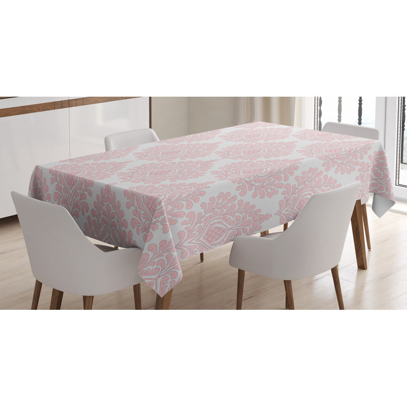 Ambesonne Damask Tablecloth, Damask Pattern Royal Motif Baby Pink Floral Design Victorian Fashioned Print, Rectangular Table Cover For Dining Room Kitchen Decor, 52" X 70", Pink And White