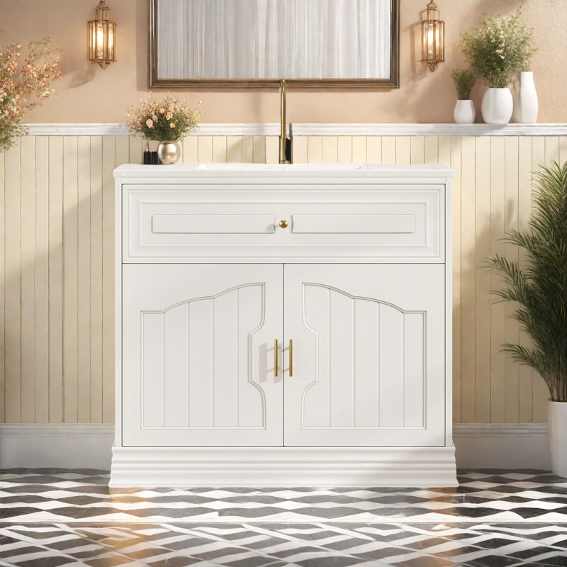 Meuble-lavabo de luxe 36 po avec lavabo en céramique et portes à fermeture en douceur, Blanc