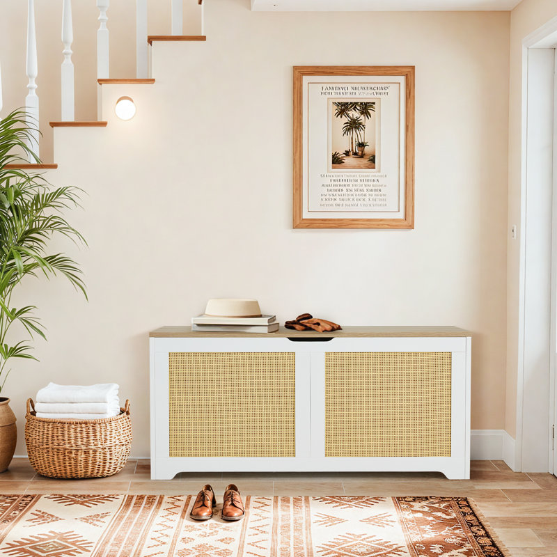  39.4" Rattan Storage Bench – Durable Shoe Chest with 2 Safety Hinges, Perfect for Entryway, Bedroom, or Living Room, Supports Up to 300 lbs,White