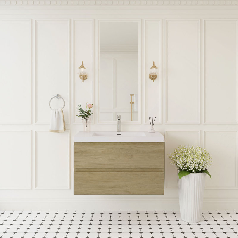 Meuble-lavabo flottant de 36 po avec lavabo, meuble-lavabo mural moderne avec lavabo à surface solide et tiroirs à fermeture en douceur entièrement assemblé