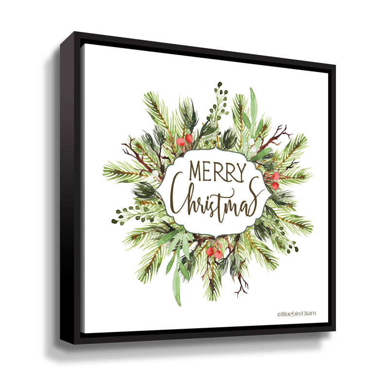 «Merry Christmas Greenery I», reproduction d'impression sur toile, Toile avec cadre noir, H 10 po x l 10 po x P 2 po