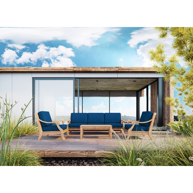 Adrien 4-Piece Teak Outdoor Patio Set with Navy Cushions
