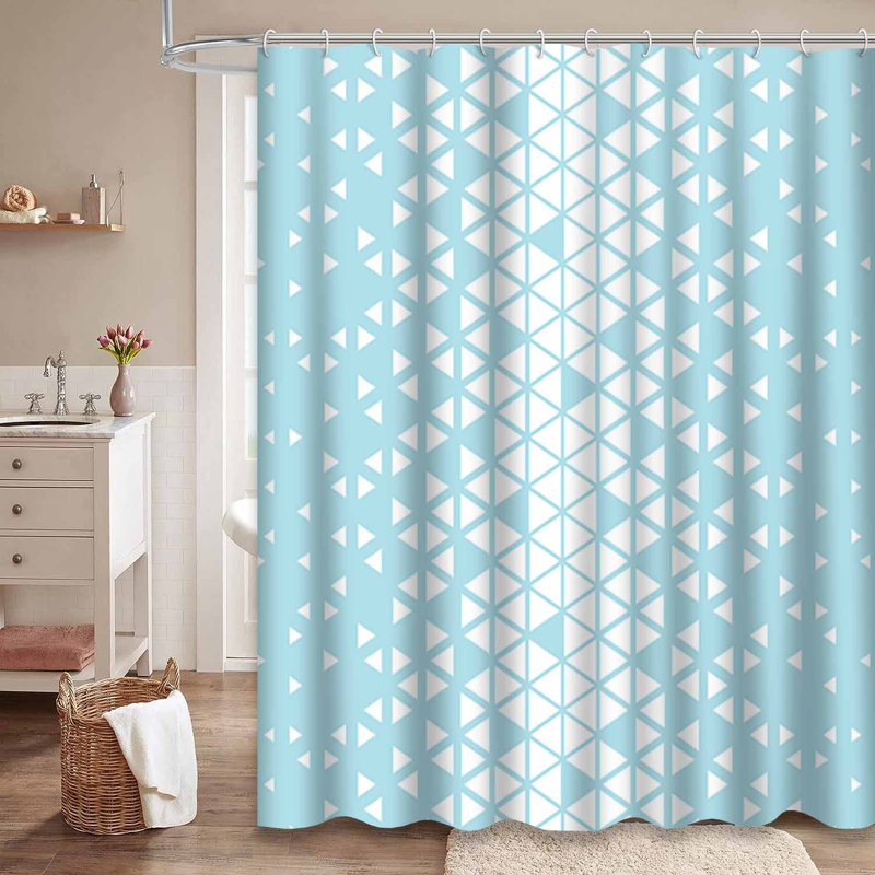 Abstract Geometric Blue Graphic White Shower Curtain with 12 Hooks, 72" L x 72" W