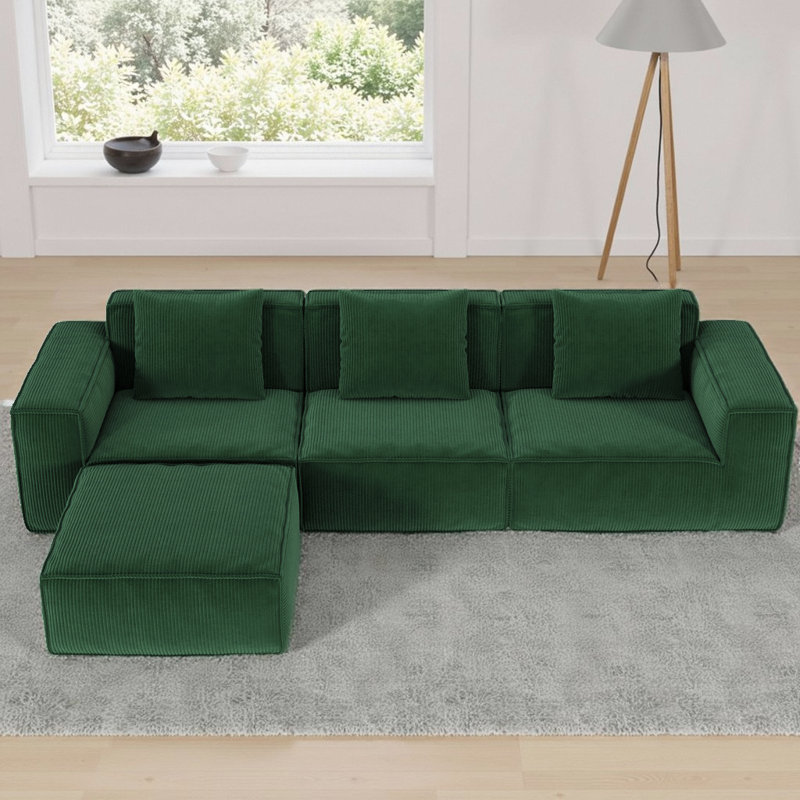 Canapé modulaire en L 118 po pour canapé modulaire en velours côtelé 118 po avec repose-pieds, mousse rembourrée et support à ressort, aucun assemblage requis