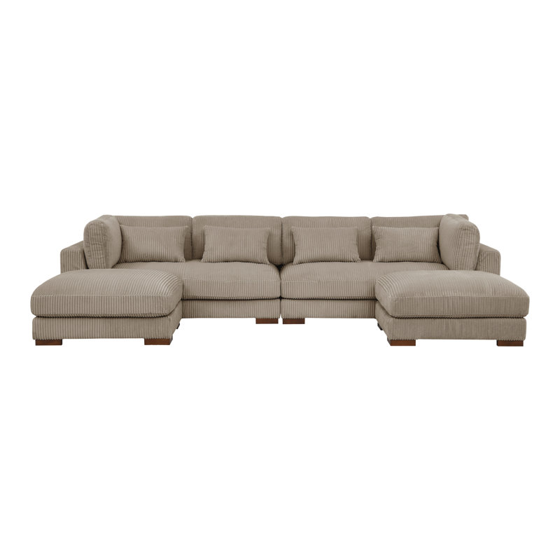 Canapé modulaire de coin avec repose-pieds Croy, Velours côtelé chameau