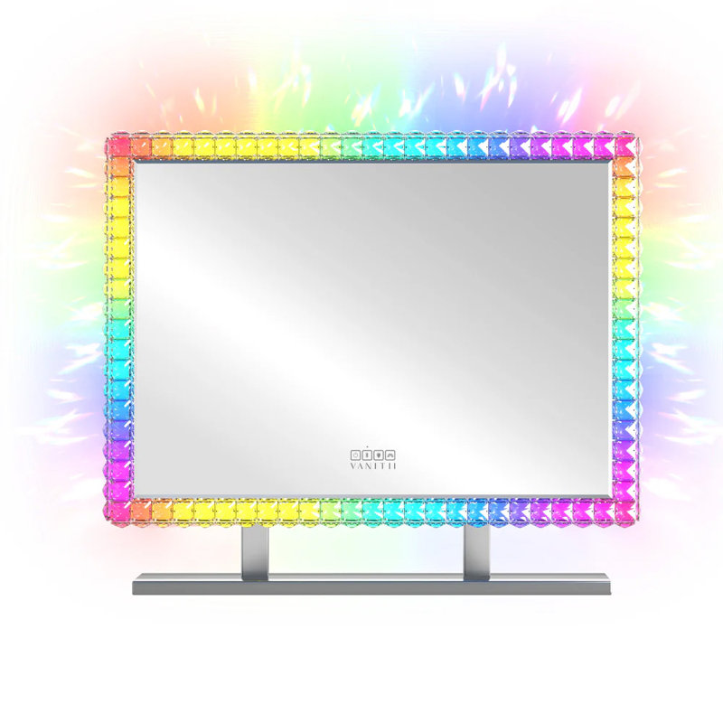 Vanity Mirror With Bluetooth Player 32'' x 24'' RGB Lights Premium Crystal Cosmetic Tabletop White