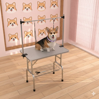 Table de toilettage pliante pour chiens et chats, d'une taille de 36 pouces, construite avec une structure en acier inoxydable et un plateau en caoutchouc, comprend un bras et des pinces réglables, de couleur gris argenté.