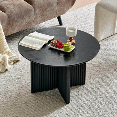 Table basse ronde de 27 po, tables basses modernes de style Mid-Century avec base cannelée, table d'appoint circulaire en bois pour le salon, petit espace, bureau, noir