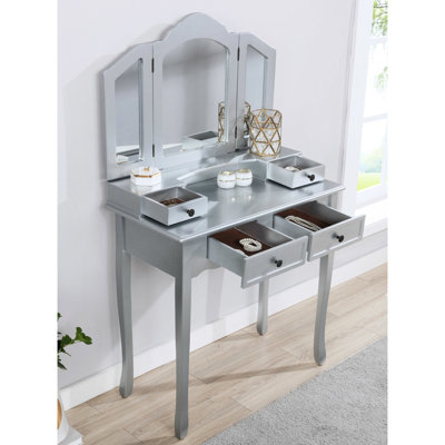 Silver Make Up Vanity Table And Seat - 3 Beveled Mirror & Comfort Wooden Desk Ample Space For Cosmetics Jewellery